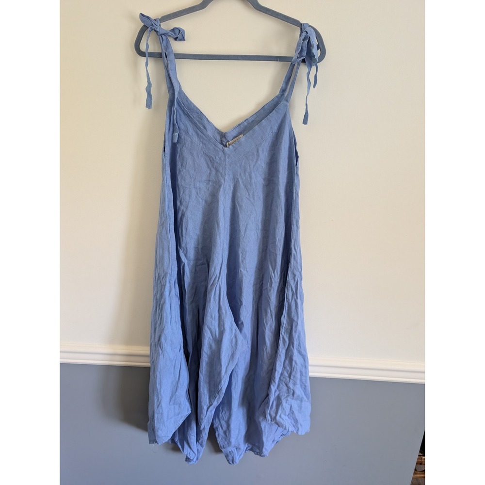 Made in Italy Blue 100% Linen Harem Jumpsuit Tie Shoulder Boho Oversized S